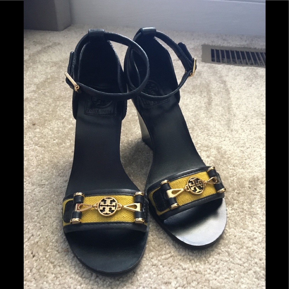 Tory Burch Black and Yellow Leather Wedge Sandals